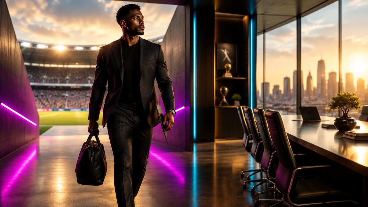 An athlete walks from a stadium tunnel toward a business boardroom