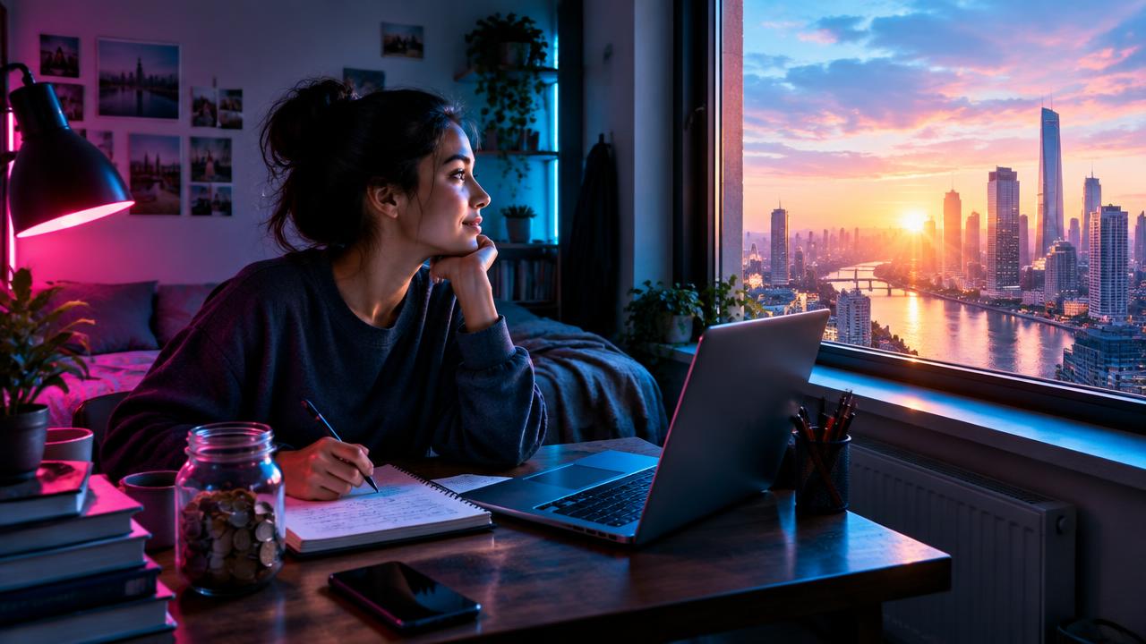 A young professional works from home while looking toward a bright city sunrise