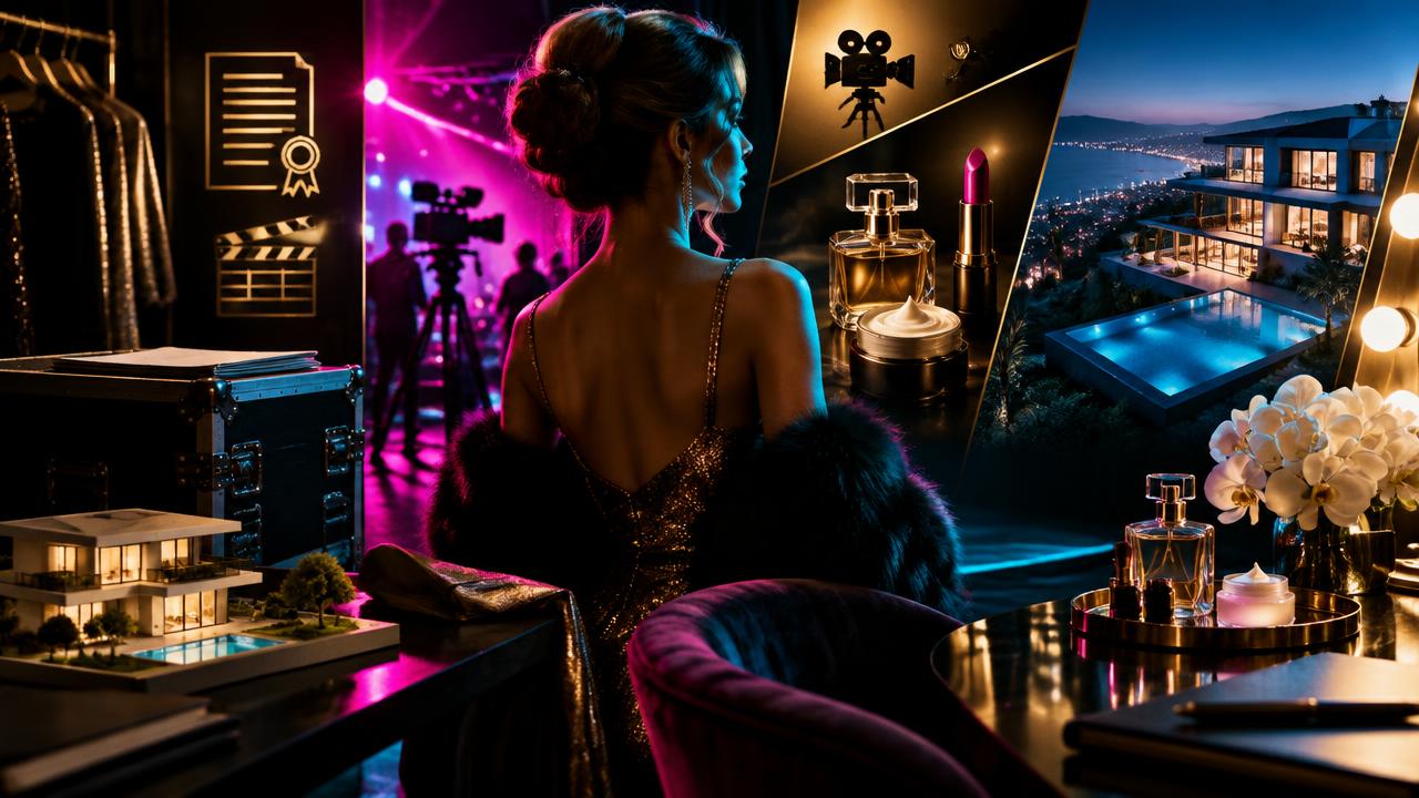 An entertainer surrounded by symbols of production, licensing, beauty and property