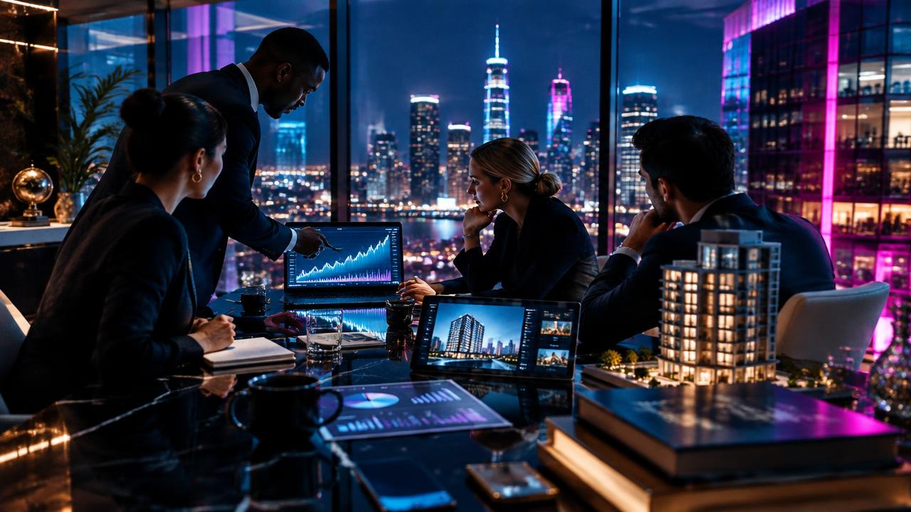 A team reviews investment and real estate plans in a city office at night