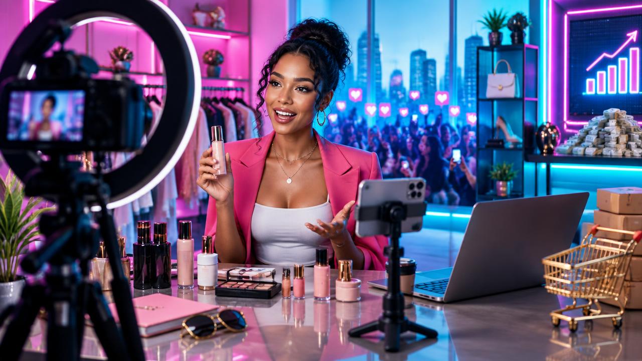 A creator presents a beauty product from a professional content studio