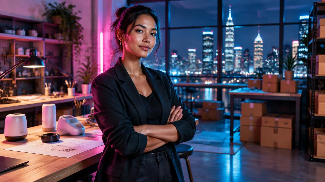 An entrepreneur stands in her product studio overlooking the city