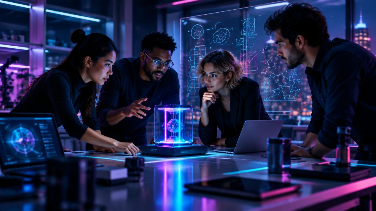 A startup team collaborates around a glowing prototype in an innovation lab