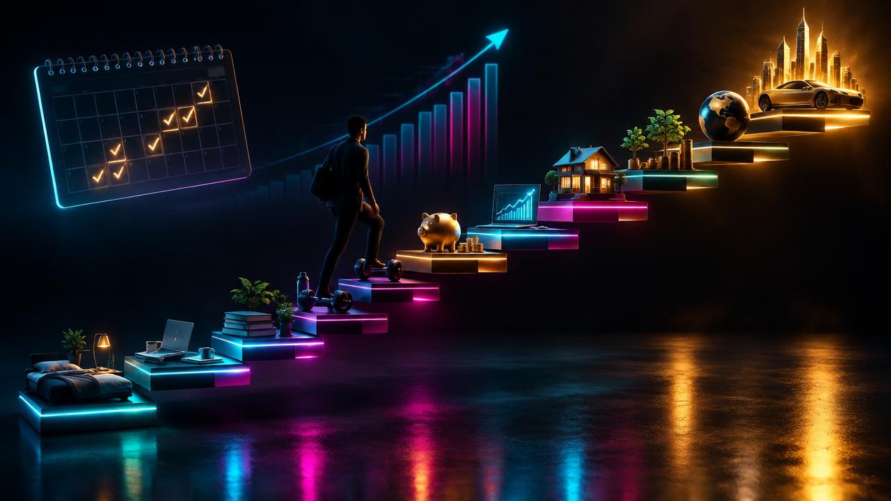 A professional climbs illuminated steps representing a ten-year wealth plan